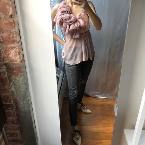 Bebe mauve pale blush rose sheer mesh romantic y2k 3D flower top - Picture 2 of 8